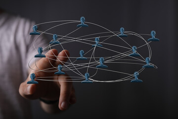 Hand touching digital network. People connect globally, business networking. Social media connections, teamwork and communication concept.