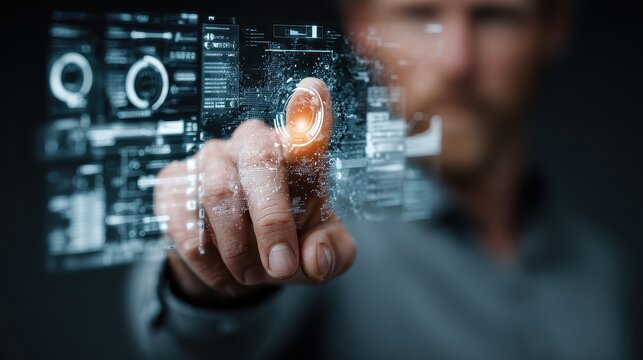 Man's finger interacts with digital data stream representing stock market analysis and technological advancement in financial investment - Powered by Adobe