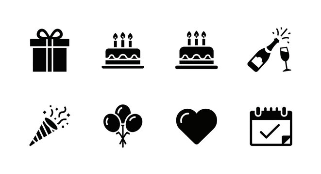 Celebration icons set: gift, cake, champagne, balloons, and more in bold silhouette style