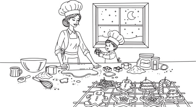 Baking Christmas cookies mom and son festive season outline illustration