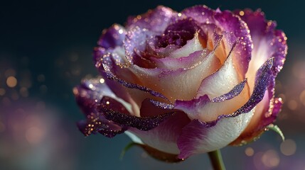 Close-up of a vibrant rose with shades of purple, white, and blue, adorned with delicate water droplets on a stark black background