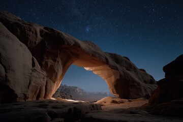 Stunning night view of natural rock arch under starry sky in desert landscape