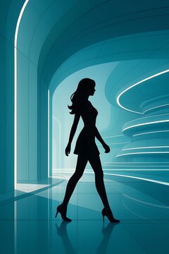 black silhouette of an elegant woman, at the center of a modern and futuristic architectural ensemble.
