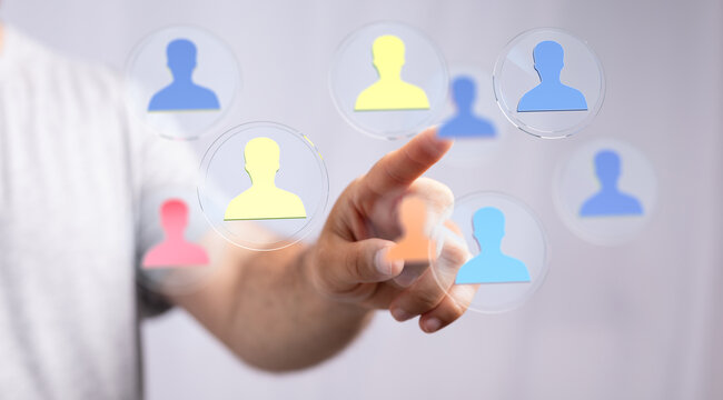 Connecting people concepts, finger touching digital interface, innovative technology, social media, human silhouettes and concepts, teamwork.