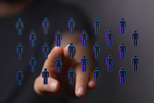 Hand pointing at human network in business to connecting people for future growth and teamwork.