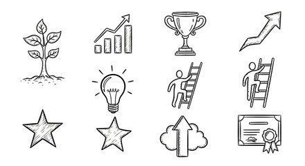 Hand drawn success and achievement icons with growth and motivation symbols