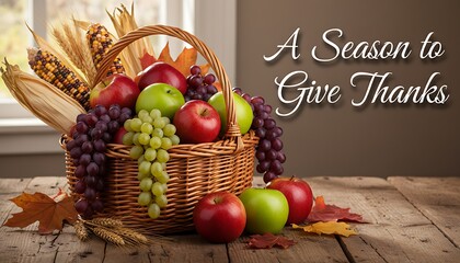 Abundant harvest of fresh fruits and vegetables in a rustic woven basket symbolizing gratitude and the spirit of thanksgiving with a warm inviting backdrop and decorative autumn leaves