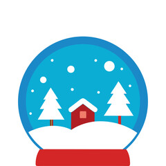 A snow globe with a house, snowdrifts and mountains inside. Cute toy, a symbol of winter, new year and Christmas. Illustration in a flat style, isolated on a blue background
