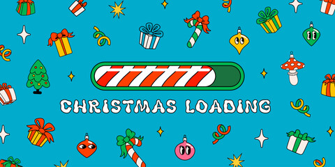 Naklejka premium Christmas groovy countdown bar with candy cane stripe progress and playful holiday icons on a bright blue background. Festive loading screen design for cheerful xmas banners and vector projects