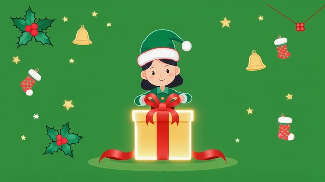 Festive Holiday Magic Girl with Gift Vector Art