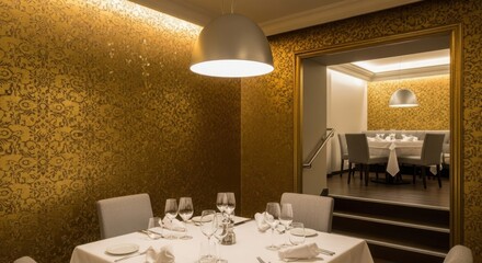 Elegant restaurant dining room interior with illuminated ceiling and textured walls