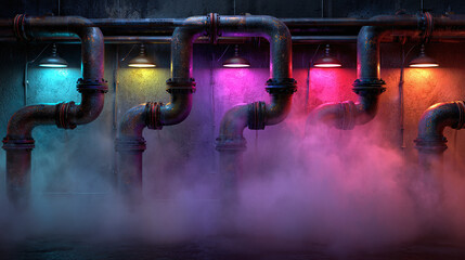 A collection of industrial pipes adorned with vibrant lights, surrounded by a captivating haze
