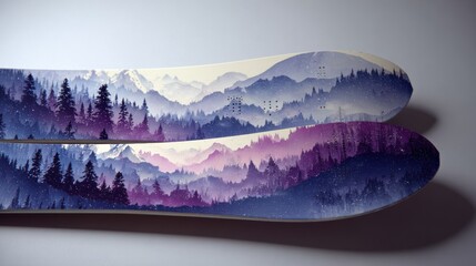 Obraz premium Creative Snowboard Design Featuring Vibrant Layers of Forest and Glacier Peaks Showcasing Winter Motion