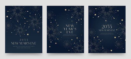 Luxury Happy New Year NYE Flyer Poster Banner Layout Vector with Gold Fireworks on Navy Blue Background for Elegant New Year’s Eve Celebration