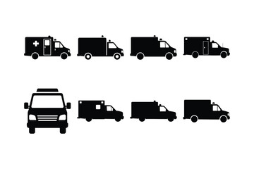 Set of Ambulance Silhouette Icons in Solid Vector Style