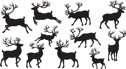 Black deer silhouettes isolated on white background in various poses
