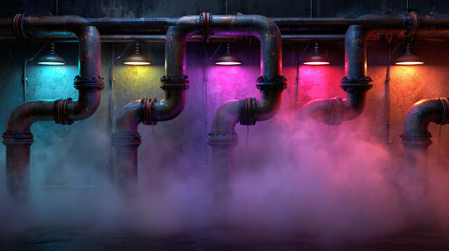 A collection of industrial pipes adorned with vibrant lights, surrounded by a captivating haze