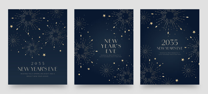 Luxury Happy New Year NYE Flyer Poster Banner Layout Vector with Gold Fireworks on Navy Blue Background for Elegant New Year’s Eve Celebration