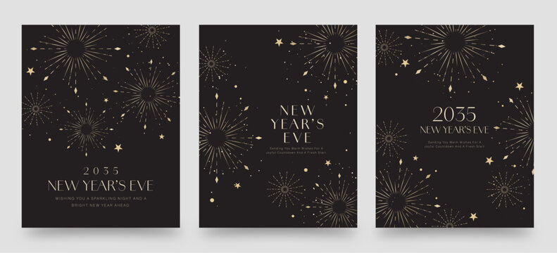 Elegant NYE Poster Banner Invite for Happy New Year Flyer Layouts, Vector Design with Gold Fireworks on Black Background