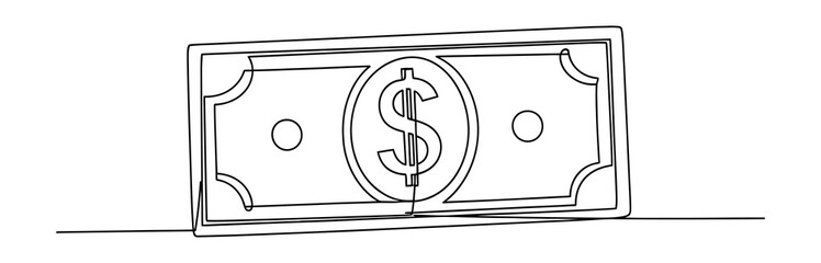 Dollar bill linear drawing, white background. Single line art of money currency