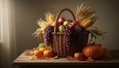 Abundant harvest bounty overflowing from a rustic woven basket filled with colorful fruits vegetables and autumn foliage creating a warm inviting scene of thanksgiving and fall celebration