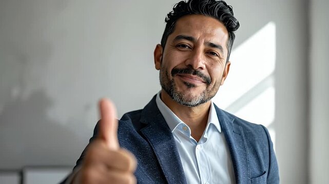 Smiling Middle Aged Businessman in a Blue Blazer Giving a Thumbs Up Indoors Against White Wall near Window with Natural Lighting, Positive Expression