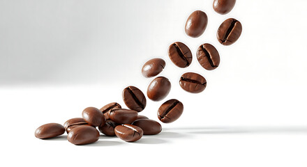 Obraz premium Freshly roasted coffee beans falling and accumulating in a pile against a clean white background