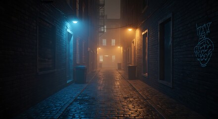 A mysterious and foggy narrow city alley at night, with cinematic blue and orange lights creating an eerie, atmospheric urban scene