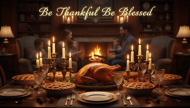 Warm and inviting thanksgiving dinner scene with a roasted turkey centerpiece pies and glowing candles conveying gratitude and blessings during a festive family meal - Powered by Adobe