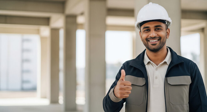 A confident construction professional wearing a hard hat gives a thumbs-up gesture