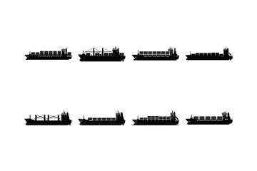 Set of Cargo Ship Silhouette Icons in Solid Vector Style