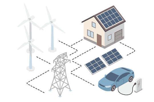 Isometric flow diagram of renewable energy system with wind turbines solar panels and electric car