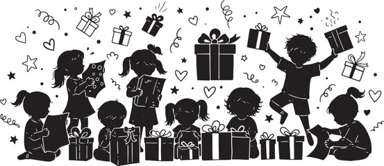 Children celebrating with gifts and love in whimsical monochrome illustration