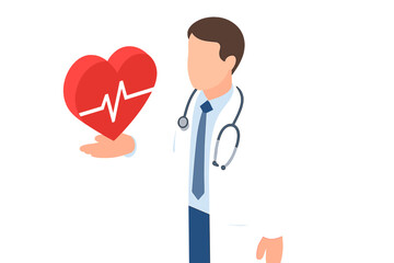Physician presenting large red heart with electrocardiogram line symbolizing cardiology and health