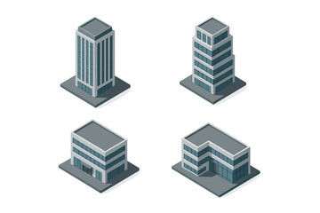 Fototapeta premium Four modern isometric city buildings and corporate blocks for urban planning