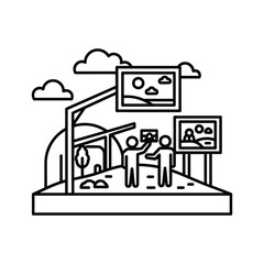 Line art icon of people engaging with outdoor digital displays showcasing natural landscapes and technology.