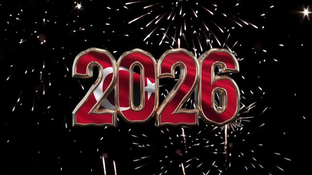 Turkish Flag Shining Inside 2026 Numbers with Fireworks Display on Black &ndash; Festive New Year Animation for Turkey