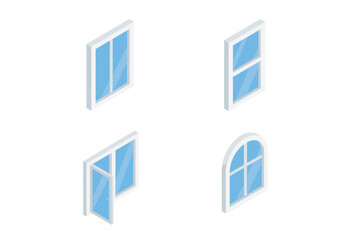 Obraz na płótnie Canvas Four isometric white window frames with blue glass panes