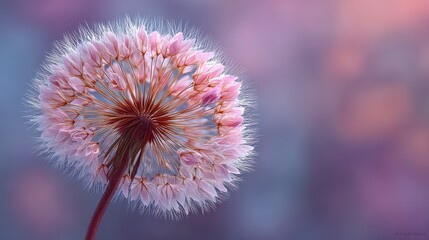 Close-up of a pink dandelion seed head against a blurred background with soft lighting