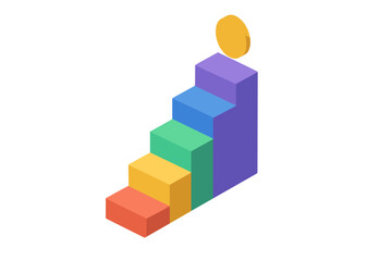 Isometric rising bar chart steps with golden coin icon