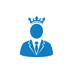 Blue silhouette of businessman wearing a crown symbolizes leadership and success in corporate world, conveying power and authority with minimalist style.