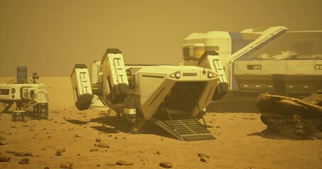 A futuristic vehicle rests on the rocky surface of Mars, surrounded by dust and a hazy atmosphere. The orange sky reflects the setting sun, adding an otherworldly glow to the scene. - Powered by Adobe