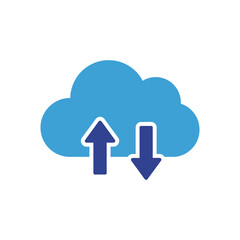 Cloud with up and down arrows representing data transfer and storage on a clean white surface, symbolizing modern technology and connectivity.