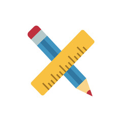 Pencil and ruler crossed on white surface representing school supplies for education and learning in a simple, colorful style.