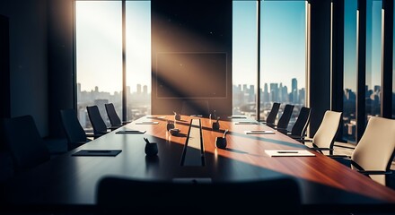 Sunlit Conference Room with Cityscape View - A Professional Meeting Space