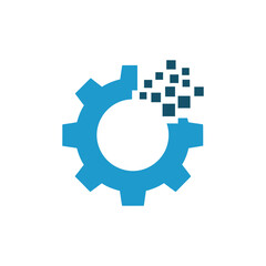 Blue gear transforms into digital pixels against white backdrop, symbolizing technological advancement and innovation in a modern, clean style.