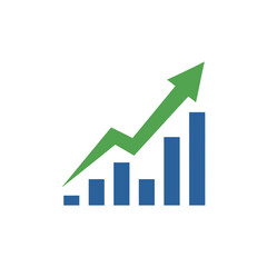Rising green arrow and blue bars showing positive growth on white backdrop symbolizing financial success and market improvement.
