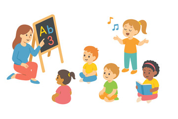 Obraz premium Teacher instructing diverse young children with alphabet and numbers
