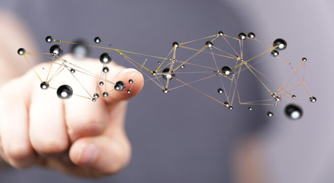 Close-up of a person's hand touching a network of connected nodes, representing the concept of technology and n - Powered by Adobe