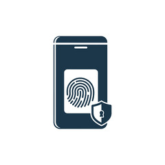 Smartphone displays fingerprint scan with security shield on screen representing data protection and user authentication in a modern technology concept.
